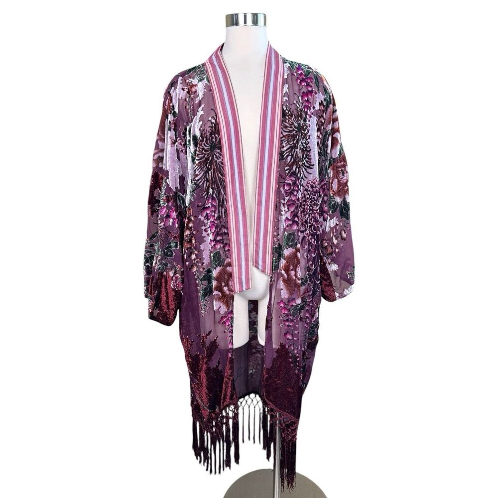 Aratta Silent Journey Velvet Burnout Kimono Duster Fringe Sz S Purple